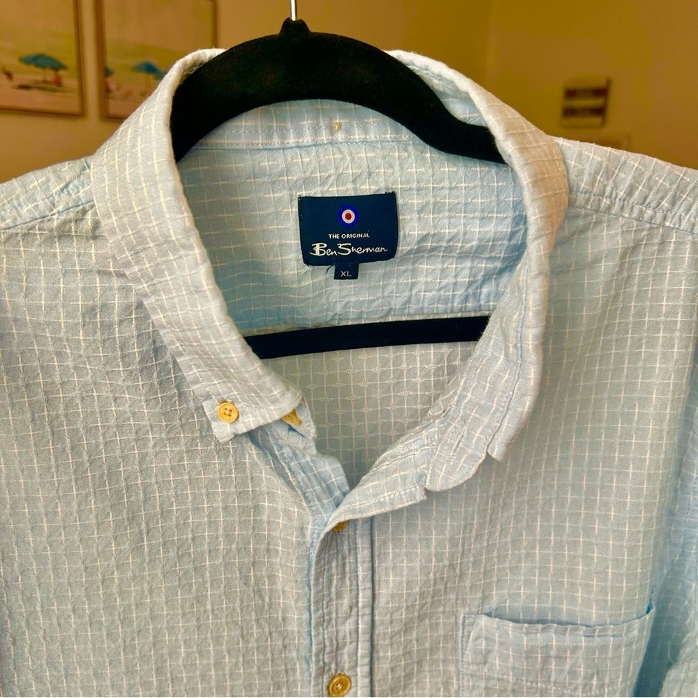 Ben Sherman Men’s Light Blue Cotton Textured Button-Down Short Sleeve Shirt XL